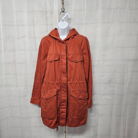 Loft Burnt Orange Linen Blend Hooded Utility Cargo Jacket Boho Preppy Gorpcore S - Picture 1 of 15